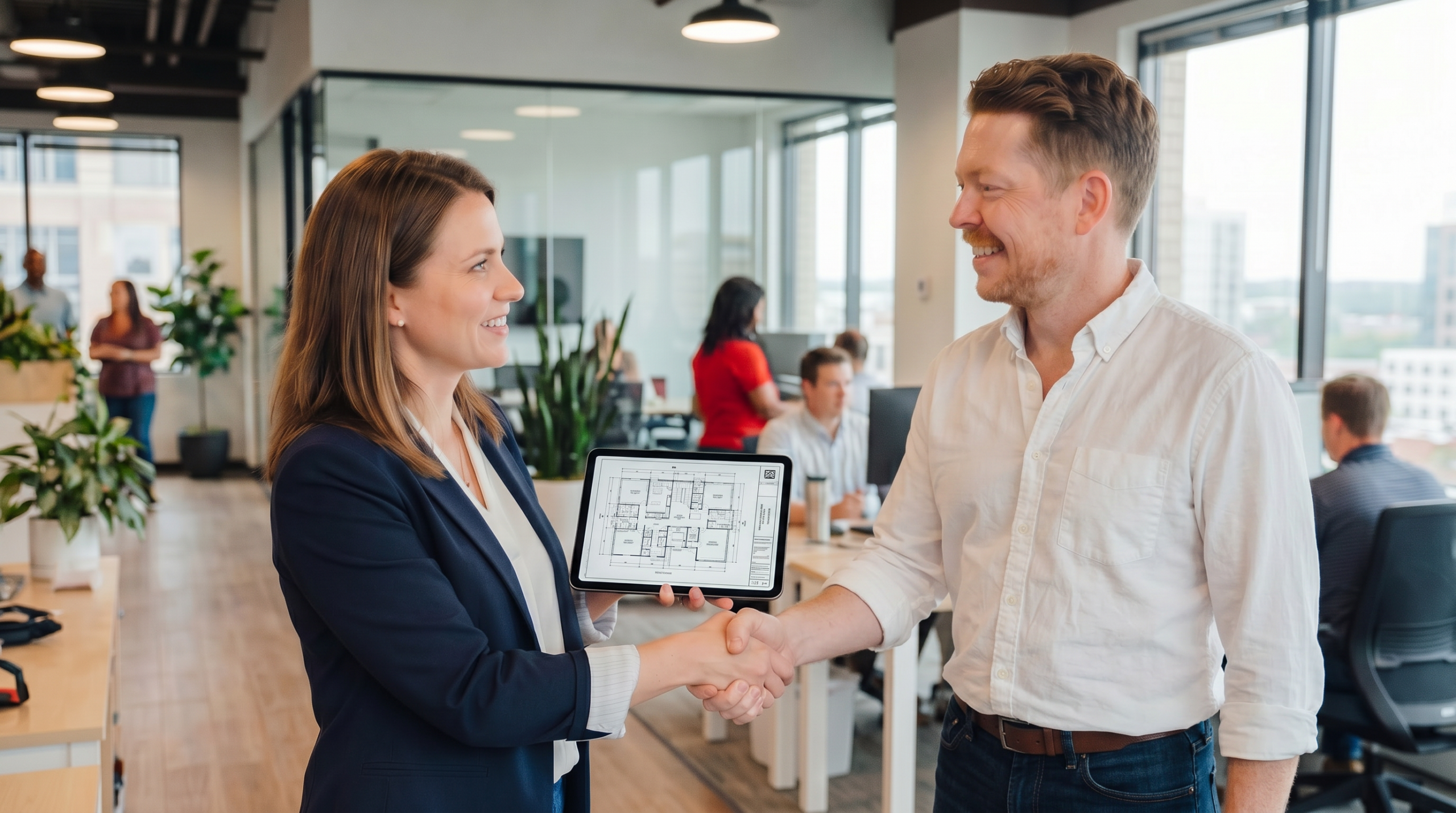 A Workspace48 dealer walking a client through an office furniture project